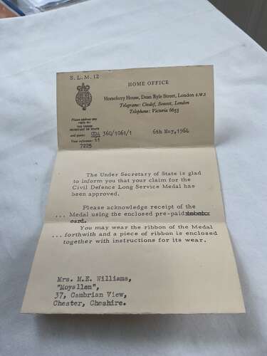 Civil Defence Long Service Medal Mrs. M.E. Williams